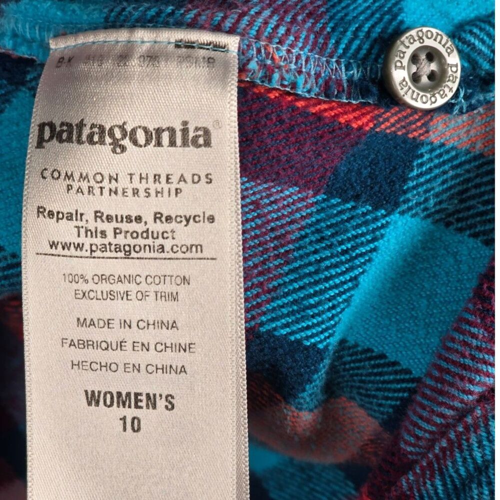Patagonia Flannel Shirt Blue Red Plaid Size 10 Organic Cotton Outdoor Button Up - Picture 9 of 12